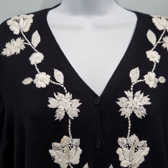 Kate Hill Black Knit Cardigan Floral Embroidered Romantic Vintage Boho Size XL - Picture 2 of 14